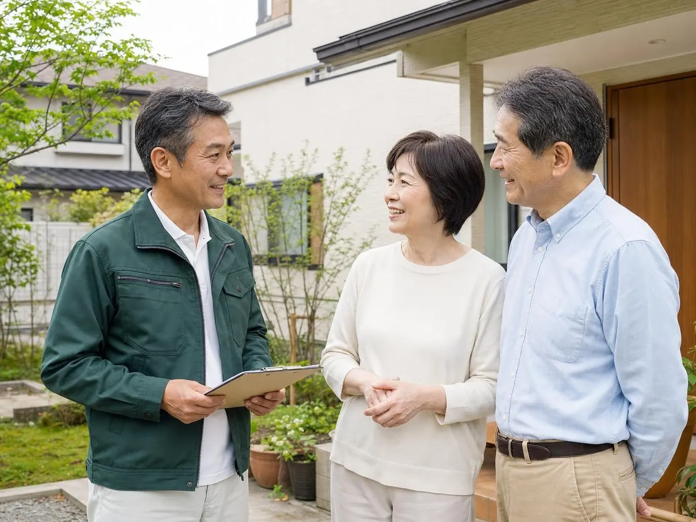 住宅の玄関先で、緑の作業着のスタッフがお客様ご夫婦と住まいについて相談するイメージ