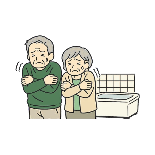 古い浴室で寒がるご夫婦のイラスト