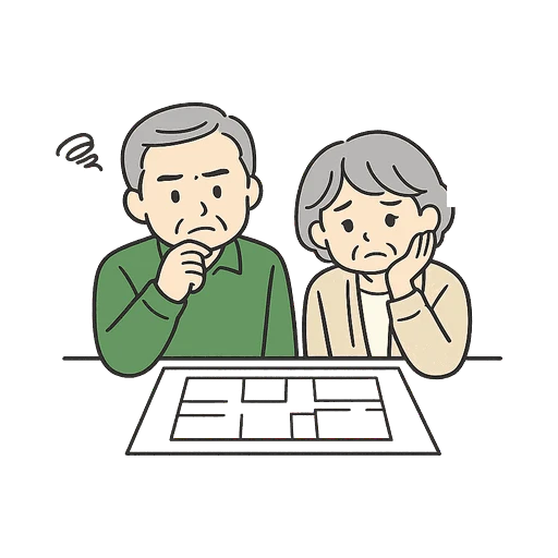 間取り図を見て悩むご夫婦のイラスト