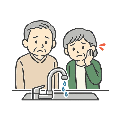 蛇口の水漏れに困るご夫婦のイラスト